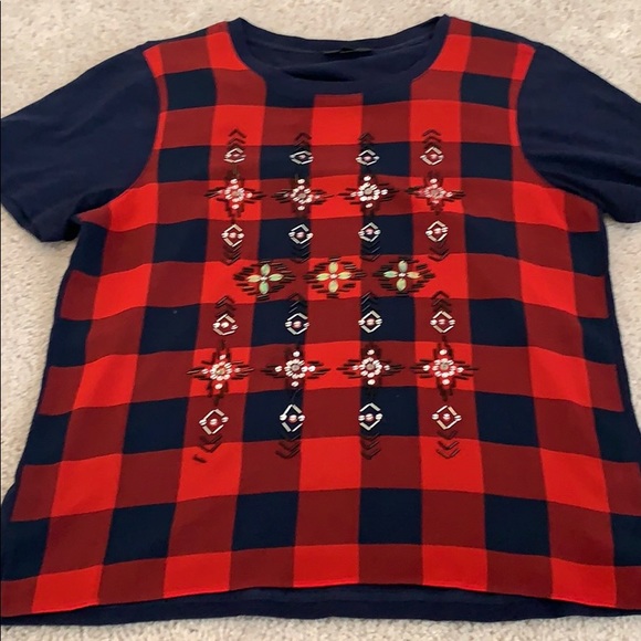 J. Crew Checker/Tartan Dressy Tee Shirt.  Sz M. EUC. Beads/Jewels on front. - Picture 2 of 7